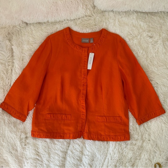 Chico's Women’s Orange Ruched 3/4 Quarter Sleeve 100% Linen Jacket Size: XL NWT - Picture 1 of 9